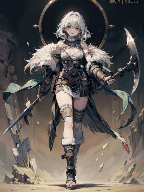 whole body, Anime character, berserker, holding axe, fur trim, loincloth, belt, boots, gloves, dual wielding, wasteland, absurdres, RAW photo, extremely delicate and beautiful, masterpiece, Best Quality, ultra high resolution, 32k, hyperrealistic, ultra-de...