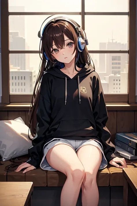 masterpiece, highest quality, High resolution，Anime Style、Brown Hair、long、Headphones on neck、Bukabuka hoodie、Shorts、Window、