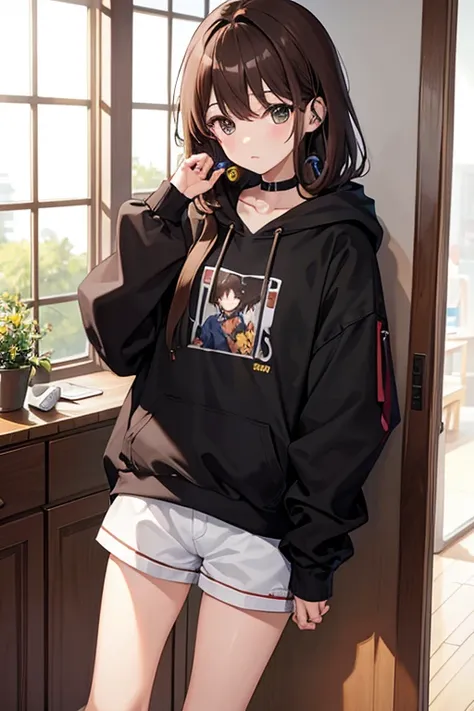 masterpiece, highest quality, High resolution，Anime Style、Brown Hair、long、Put headphones on your neck、Bukabuka hoodie、Shorts、Standing by the window