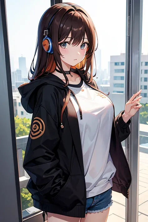 masterpiece, highest quality, High resolution，Anime Style、Brown Hair、long、Put headphones on your neck、Bukabuka hoodie、Shorts、Standing by the window、Big Breasts