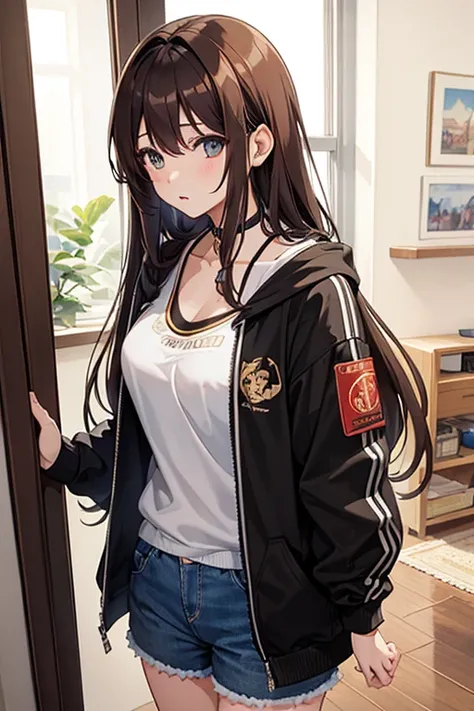 masterpiece, highest quality, High resolution，Anime Style、Brown Hair、long、Put headphones on your neck、Bukabuka hoodie、Shorts、Standing by the window、Big Breasts、From neck to cleavage