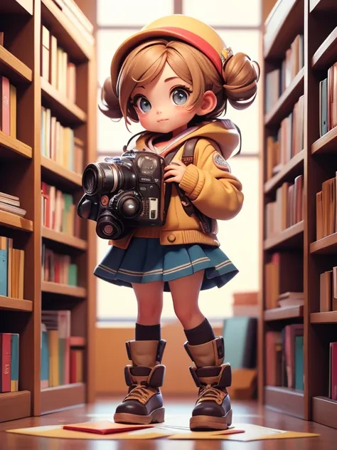 poster beaitiful and cutr girl wearing book and camera at the library