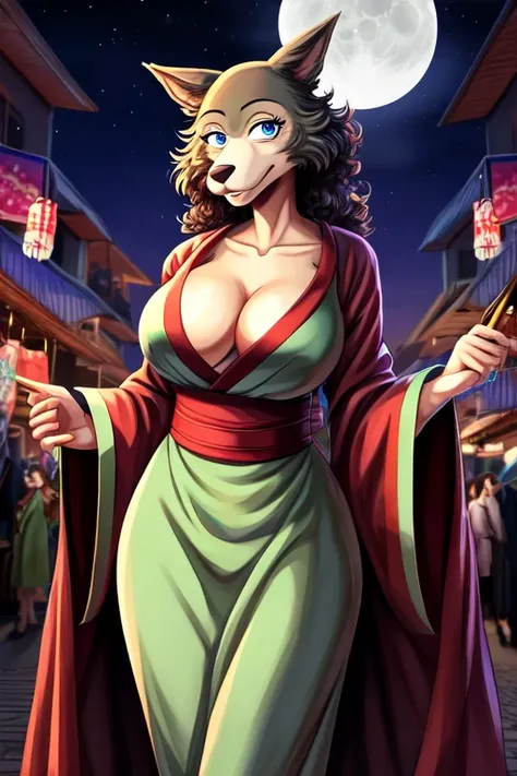 Beastars art style, beastars, Juno, brown wolf, she Wolf, 1girl, furry, long curly brown fur, slim figure, blue eyes, wide hips, Big breasts, kimono, cleavage, night time, festival, moon