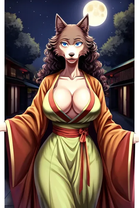 Beastars art style, beastars, Juno, brown wolf, she Wolf, 1girl, furry, long curly brown fur, slim figure, blue eyes, wide hips, Big breasts, kimono, cleavage, night time, festival, moon