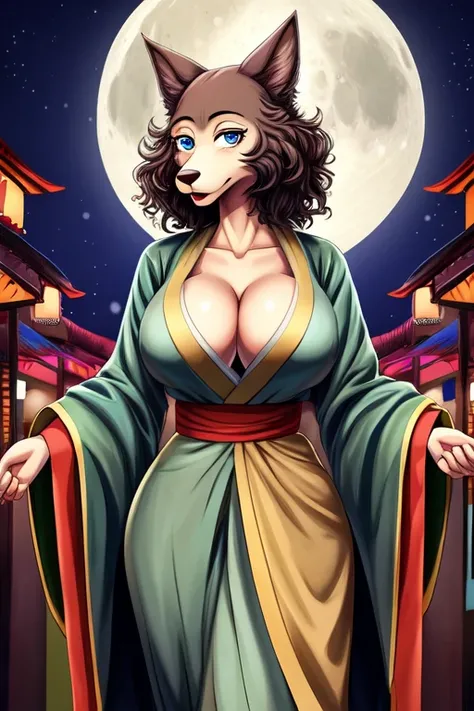 Beastars art style, beastars, Juno, brown wolf, she Wolf, 1girl, furry, long curly brown fur, slim figure, blue eyes, wide hips, Big breasts, kimono, cleavage, night time, festival, moon