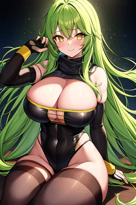 1girl, green hair, long hair, yellow eyes, light smile, glowing eyes, large breasts, thick thighs, athletic female, toned, leotard, black leotard, thighhighs, arm strap, thigh strap, black thighhighs, belt, knife, pantyhose, black pantyhose, ninja, kunoich...