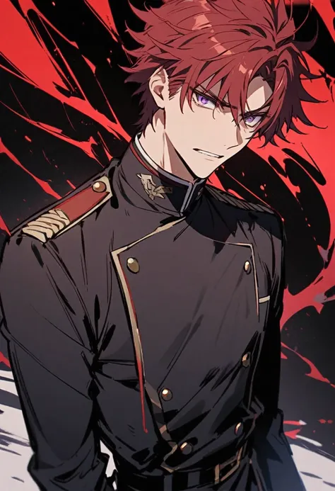 Handsome, solo, 1 male, red hair, purple eyes, 1 man, wearing uniform , handsome man, black uniform, short hair, messy hari, mad