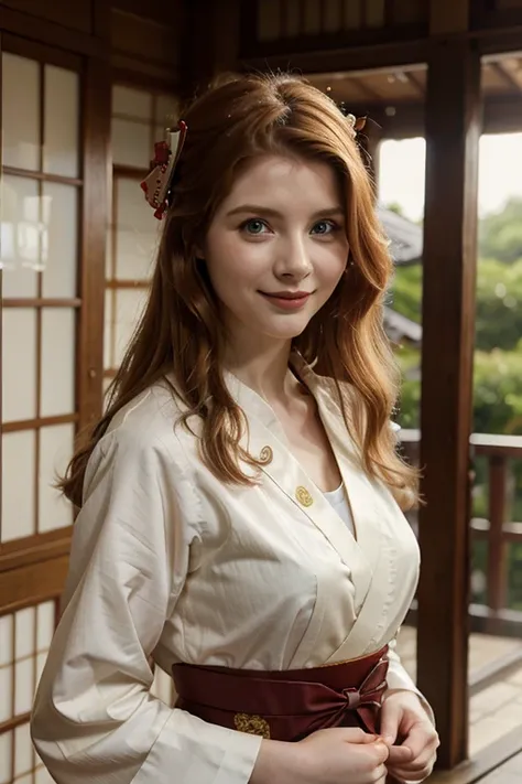 Rachel Hurd-Wood dressed in traditional Japanese clothing and smiling