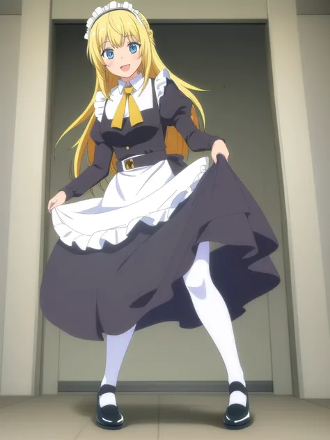 ((Best quality))), ((Ultra-detailed)), ((illustration)), ((Disheveled hair)), ((frilld)), (1 girl), (Solo),,1girl, lifted_by_self, looking_at_viewer, open_mouth, solo, rating:safe, apron, black_footwear, black_shoes, blonde_hair, blue_eyes, clothes_pull, c...