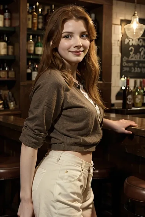 Rachel Hurd-Wood dressed in sensual and casual clothes in a bar and smiling