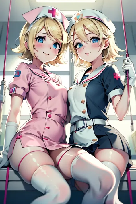 kagamine rin , One girl, Nurse Costume, Nurse cap, Whiteware, ((Legwear Swing, zettai ryouiki)), White gloves, Blonde, blue eyes, Pink Lips, Theyre laughing, Are standing, ((Hospital room)), Sharp contours, Short sleeve, Best Quality, masterpiece