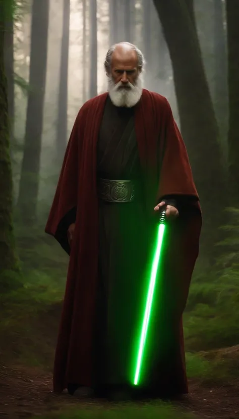 The apostle Paul looked at the screen,master  jedi clothes, Ultra foto realsisim、 green lightsaber 、Sparklers