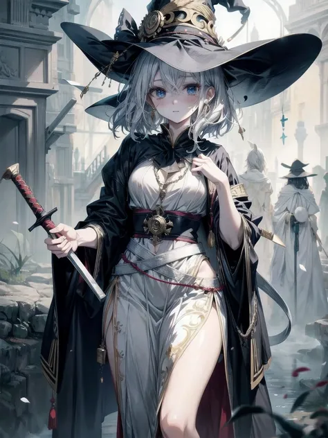 Anime character, holding dual axes, traditional witch outfit, hat, absurdres, RAW photo, extremely delicate and beautiful, masterpiece, Best Quality, ultra high resolution, 32k, hyperrealistic, ultra-detailed, perfect figure, perfect shape, detailed descri...