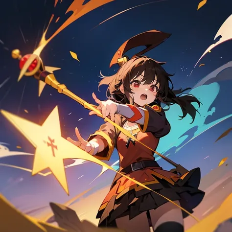 KonoSuba、Megumin、Wizard、Two-handed staff equipment、In the chant、Rubik&#39;s Square、Eye patch、Red pointed hat、Red Robe、7 color particle effects、Visible Magic