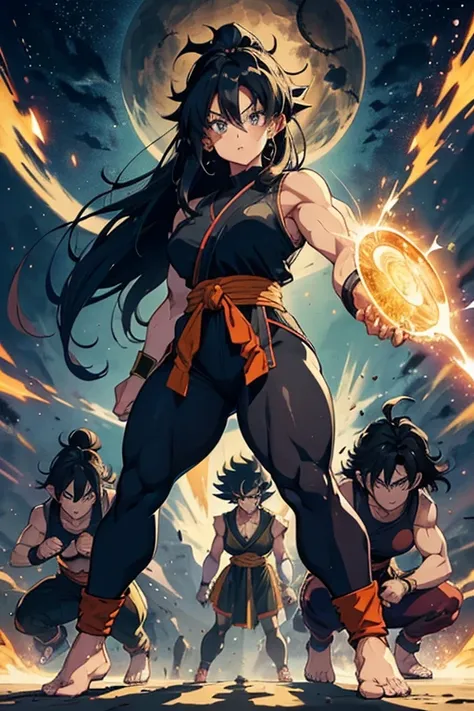 1, SAIYAN woman. saiyan. Black, long straight hair, with small brown blemish/highlight. Soft mature facial look. Ki blast in hand. Thick BUT- slim. Athletically toned, muscley. Thick. Wearing full saiyan clothes/ full Gi. Wearing full cover Gi.