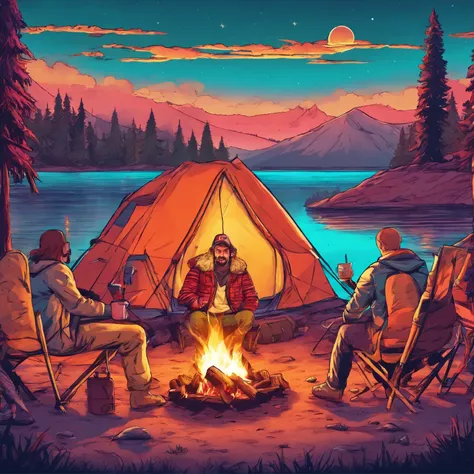 Ultra HD, Masterpiece, Award-Winning Quality, High Resolution, 8K, High Detail, Outdoor Camping, Campervan, Campsite, Tent, Crowd Having Fun by Campfire, Lake, Trees, Night, Starry Sky, Amazing View