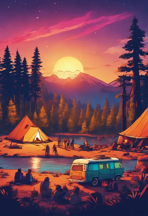 Ultra HD, Masterpiece, Award-Winning Quality, High Resolution, 8K, High Detail, Outdoor Camping, Campervan, Campsite, Tent, Crowd Having Fun by Campfire, Lake, Trees, Night, Starry Sky, Amazing View