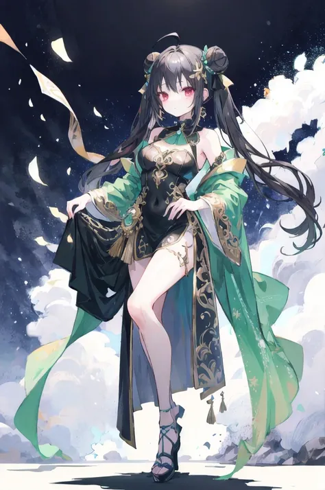 1 girl, (solo), 16 years old, Extra long black hair tied into twintails with double buns, ahoge, red eyes, green and black dress in a black and green dress, outfit design, flowing dress and leather, ornate flowing dress ornate dark green clothing, ornate c...