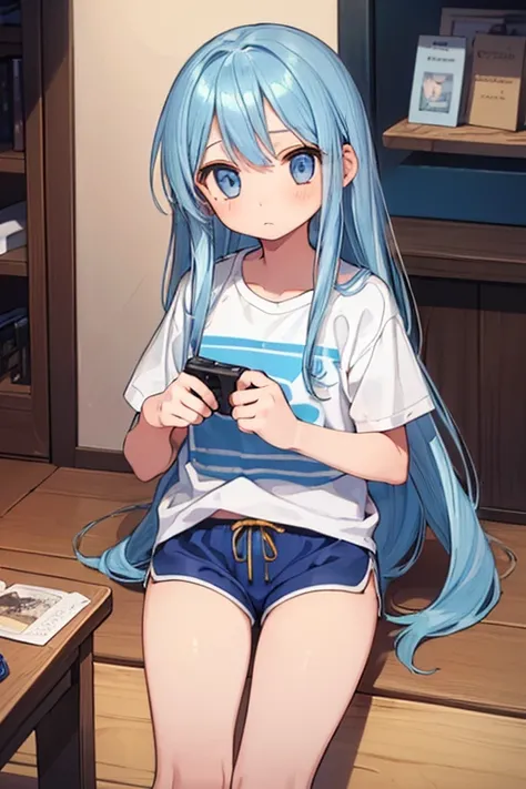 Beautiful illustrations, highest quality, (12-year-old girl:1.4)、(pretty girl：1.5)、、Flat Chest、Blue thin striped shirt、(light blue sports shorts：1.7)、Cinema Lighting, (Gold long hair:1.3)、Straight Hair、Redness on the cheeks