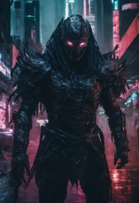 (extremely detailed 8k wallpaper), a medium shot photo of cyberpunk scary Grim dressed as a cybernetic elevatate well illustrated predator in an armour made of space cosmic fog from marvel, cyberpunk theme, intricate, high detail, dramatic, neon city light...