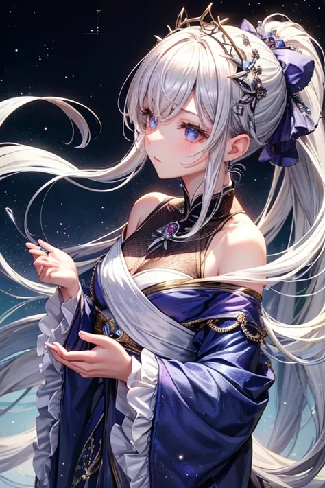 Hairstyle with all hair swept back、Silver hair back、male、Her hair is shoulder-length、Strange Eyealeの左目赤色、male右目青、Increase the wide angle、Clear Eyes、Glittering costumes、Fancy hair accessories、Looking up at the night sky、