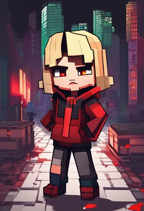 Girl with short blonde hair, green eyes, Black and red hoodie, Dark streets at night, Blood on the face