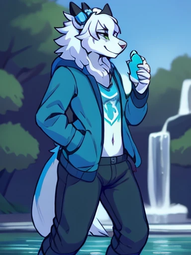 Big chest with white horns on head wearing a jacket light blue skin with blue hair and a long detail Retrospector at the park holding out his phone taking a picture of the whole general area standing near a water fountain in the park taking a picture of th...