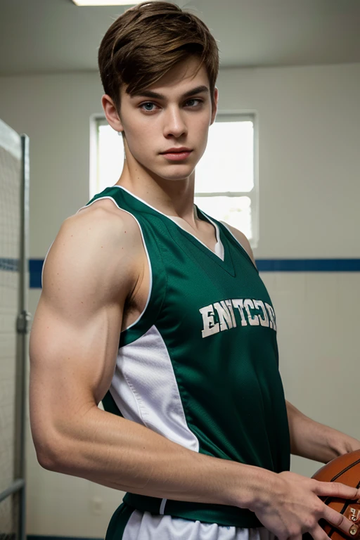 high school basket player, wearing a basket uniform, looking at the camera, handsome boy, attractive boy, symmetry, focus on the boy, model pose, slim and strong, beauty, biceps, artistic portrait, artistic photo, pose, pale skin, caucasian boy, european b...