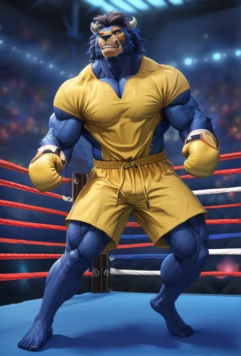 (((Barefoot furry character, full body, cinematic setting, furry male, plantigrade))) 

Buffalo, muscular, beefy, brawny, black and yellow shorts, black and yellow t-shirt, standing in boxing ring, kick-box stance

BREAK, detailed background, 8K, (masterpi...