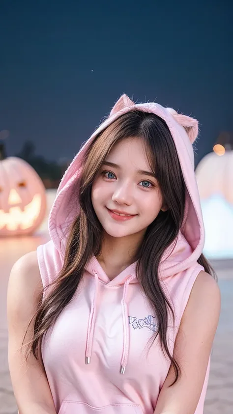 Gorgeus Girl, Beautiful, Baby Face, 20 Years Old, White Skin, Colossal Breasts, Side Pose, ((pink hoodie sleeveless)), Pastel Colour, Blue Eye, Halloween Background, Masterpiece, silver messy long Hair, Sleeveless, beautiful smile 