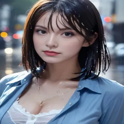 Close-up of a woman wearing a blue shirt and necklace., Bokeh Art Germ 8K, Anime girls in real life, realistic. Cheng Yi, hyper realistic anime, Cute girl - clear face, Japanese model, Gorgeous Chinese model, photorealistic anime, 8K 50mm. ISO 10, Soft por...