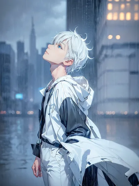 ((4K works))、​masterpiece、(top-quality)、One beautiful boy、Slim body、tall、((Black Y-shirt and white pants、Charming street style))、Please wear one jacket、Wearing a hood to hide his face、(Detailed beautiful eyeorning City、((Rainy city))、Fashionable city with ...