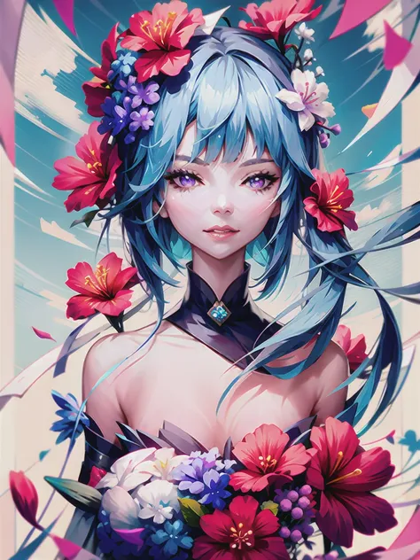 1girl, blue_hair,  bangs, bare_shoulders, black_gloves, blue_flower, bow, breasts, camellia, covering_mouth, daisy, eyebrows_vis...