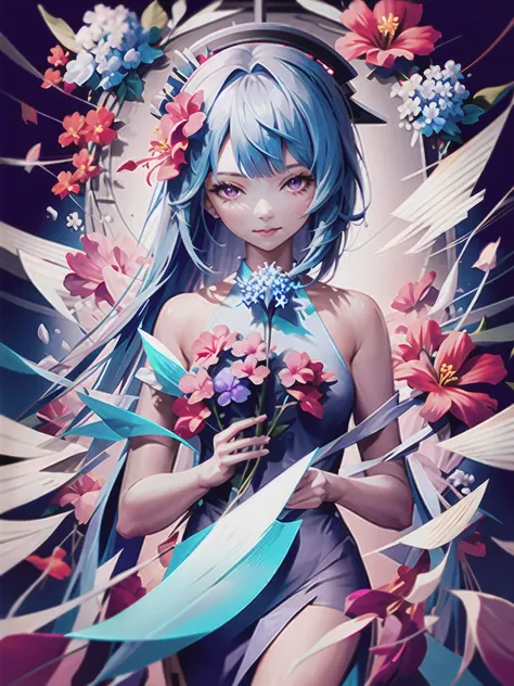 1girl, blue_hair,  bangs, bare_shoulders, black_gloves, blue_flower, bow, breasts, camellia, covering_mouth, daisy, eyebrows_visible_through_hair, floral_background, flower, flower_(symbol), ganyu_(genshin_impact), gloves, hair_flower, hair_ornament, hat_f...