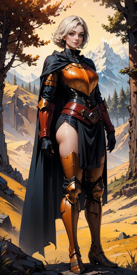 masterpiece, best quality, shez, hair over one eye, choker, armor, cape, black dress, single glove, thighhighs, armored legwear, orange boots, from side, standing, whole body, looking at viewer, smile, closed mouth, trees, mountains