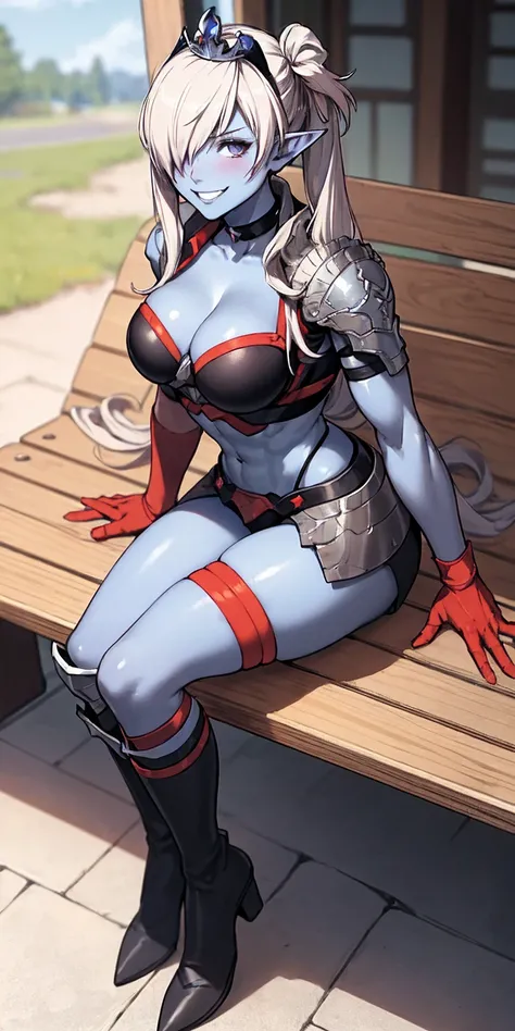 Shez, hair over one eye, choker, full body sitting on a bench showing ass to me, BLUE breastplate, BLUE skin (1girl)(BLUE skin:1.2), looking at viewer, shiny, armor, thigh highs, high boots, pauldrons shoulder armor, faulds, poleyn, gloves, gauntlets, rere...