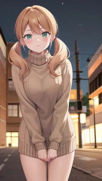 masterpiece, best quality, highres, 1girl, solo, blonde hair, low twintails, green eyes, sweater dress, turtleneck, long sleeves, standing, cowboy shot, street, night