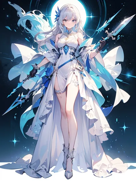 design a layout showcase gaming character, (1girl). blue+silver clothes, celestial and graceful, ((showcase weapon:1.4)), cresce...