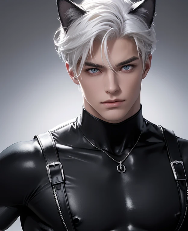 Full body photorealistic 4k, Catboy , cat ears, yellow cats eyes, very high resolution, best quality, masterpiece, perfect color, perfect shade, perfect lighting, Posted by e621, ((portrait)), ((handsome man)), perfect male figure, Short hair details，chest...