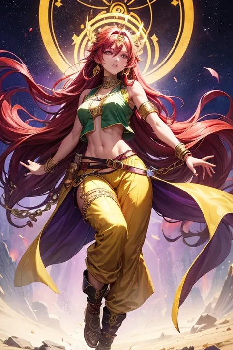 Woman about 30 years old, long red hair, long messy hair, purple eyes, djinn clothing, open sleeveless green vest, green vest with yellow Arabic print, golden Arabic pants, golden belt, djinn bracelet with gems, brown boots, brown boots, phosphorescent vio...