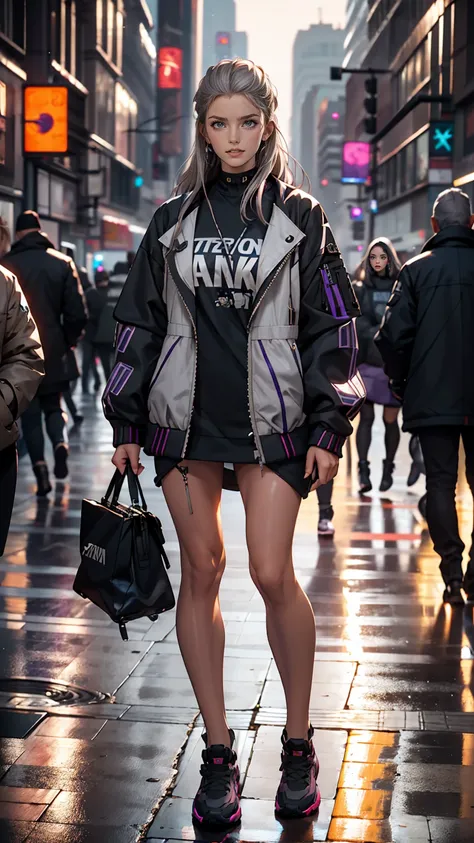 One girl, Gray Hair, Long Hair, Techwear masterpiece, highest quality, Realistic, realism, Dark purple jacket, Portraiture, Fine grain, Wearing the headset, Platinum Hair, 21 year old girl, Fashion pose, Half Body, Wide shot, on the road, cyber punk