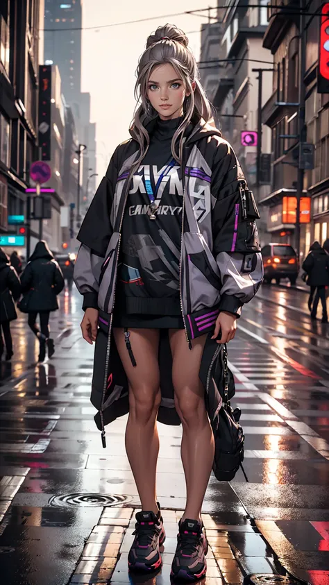 One girl, Gray Hair, Long Hair, Techwear masterpiece, highest quality, Realistic, realism, Dark purple jacket, Portraiture, Fine grain, Wearing the headset, Platinum Hair, 21 year old girl, Fashion pose, Half Body, Wide shot, on the road, cyber punk