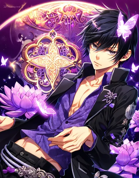 absurdres, highres, ultra detailed, HDR, master piece, best quality, Hibari Kyoya, black hair, expressive gray eyes, katekyo hitman reborn!, solo, handsome, sexy man, toned chest, black jacket, purple shirt, patterns, magical, fantasy, purple background, p...