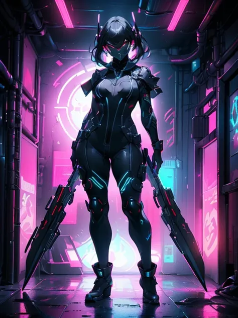 design a layout showcase gaming character, (1girl). black+silver clothes, sleek and modern, ((showcase weapon:1.4)), laser gun, ...