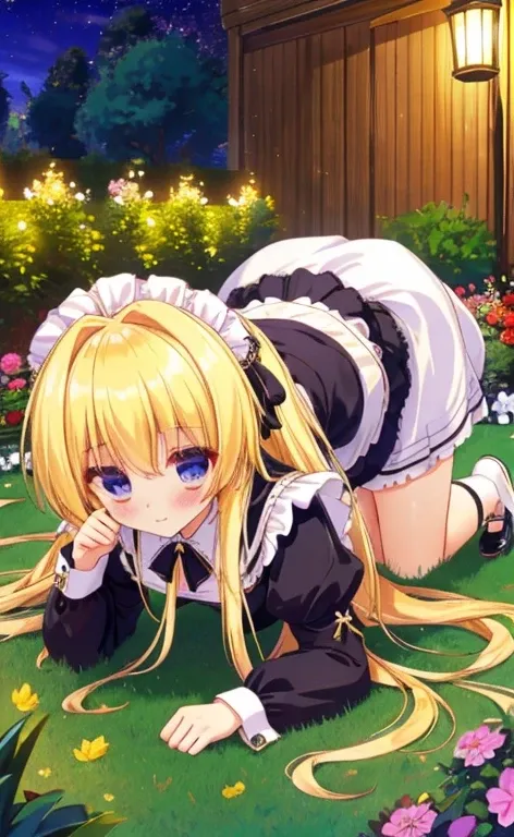 Beautiful long blonde　Girl in black maid outfit　Long sleeve　Shyness　On all fours　Garden at Night