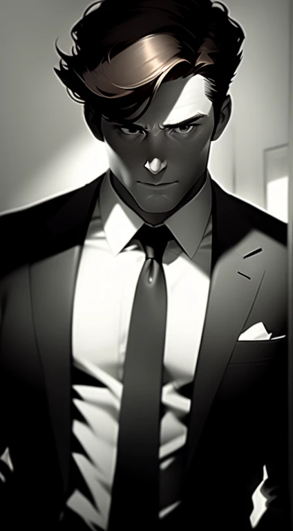  Mid 20s male detective, brown hair, detailed, toned body, simple, Noir et blanc, monochrome, looking at viewer, plain looking, white shirt and tie, grey suit. gritty, unshaven