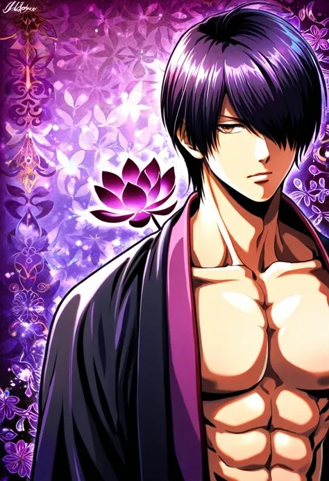 absurdres, highres, ultra detailed, HDR, master piece, best quality, Takasugi Shinsuke, dark purple hair, hair over the left eye, expressive brown eyes, Gintama, solo, handsome, sexy man, toned chest, black haori, purple kimono, patterns, magical, fantasy,...