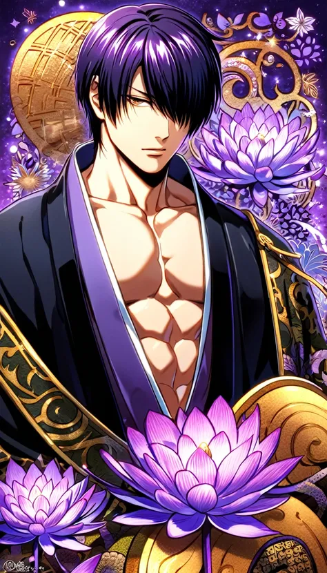 absurdres, highres, ultra detailed, HDR, master piece, best quality, Takasugi Shinsuke, dark purple hair, hair over the left eye, expressive brown eyes, Gintama, solo, handsome, sexy man, toned chest, black haori, purple kimono, patterns, magical, fantasy,...