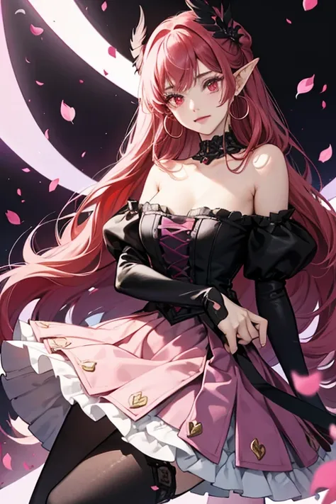 Rose is a Fairilu. She has long red hair with side swept bangs and a rose decoration on the side of her hair with a black base. She has white skin, red highlights on her eyelids, red eyes, pink cheeks, and pointy ears. For apparel, she has yellow hoop earr...