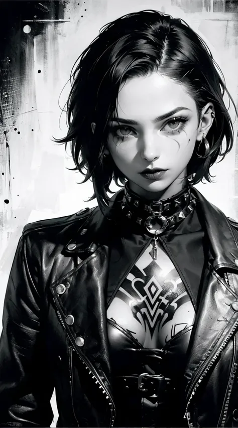 (best quality,4k,8k,highres,masterpiece:1.2),ultra-detailed,(realistic,photorealistic,photo-realistic:1.37),punk gothic woman,facial piercing,tattoos,black and white portrait,White hair fierce expression,detailed facial features,smoky eye makeup,dark lipst...